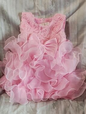 Little Girls Pink Rosette & Ruffle Party Dress with Bow Accent, 18mo-2T Size